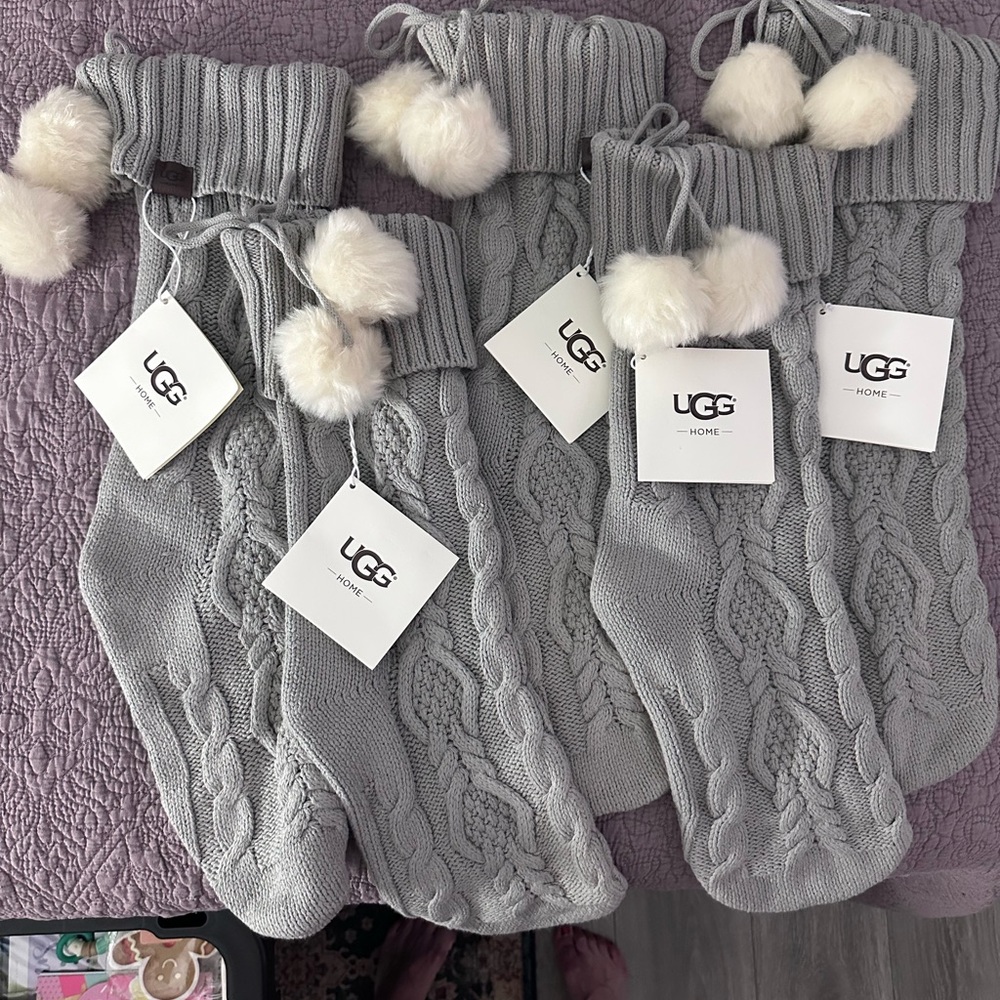 5 NWT UGG Gray Knit Christmas Stockings with Fluffy Accents